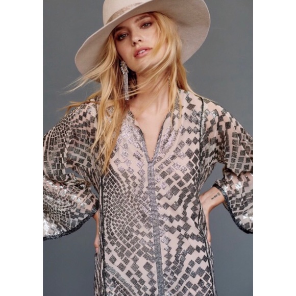 Anna Sui x BHLDN Cyrene Sm Silver Black Tan Sequin Geometric Kaftan Maxi Kimono - Picture 6 of 16